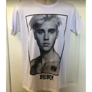 Justin Bieber Men's Unisex White Graphic T-Shirt Purpose Tour Concert Tee Medium